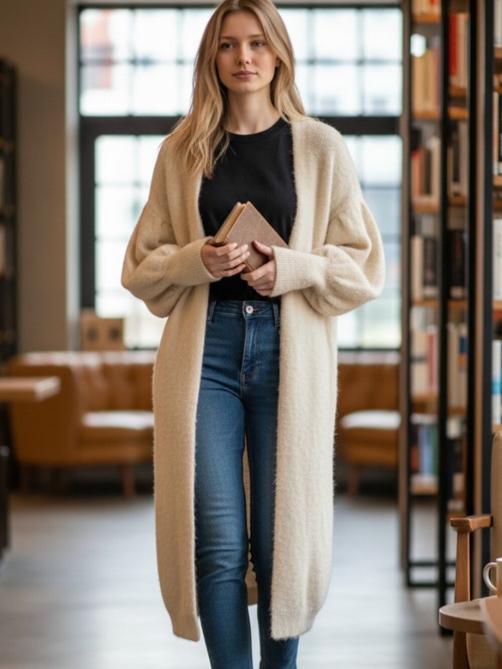 Mustard Seed Longline Duster Cardigan Cream Ivory Eyelash Fuzzy Knit Sz M